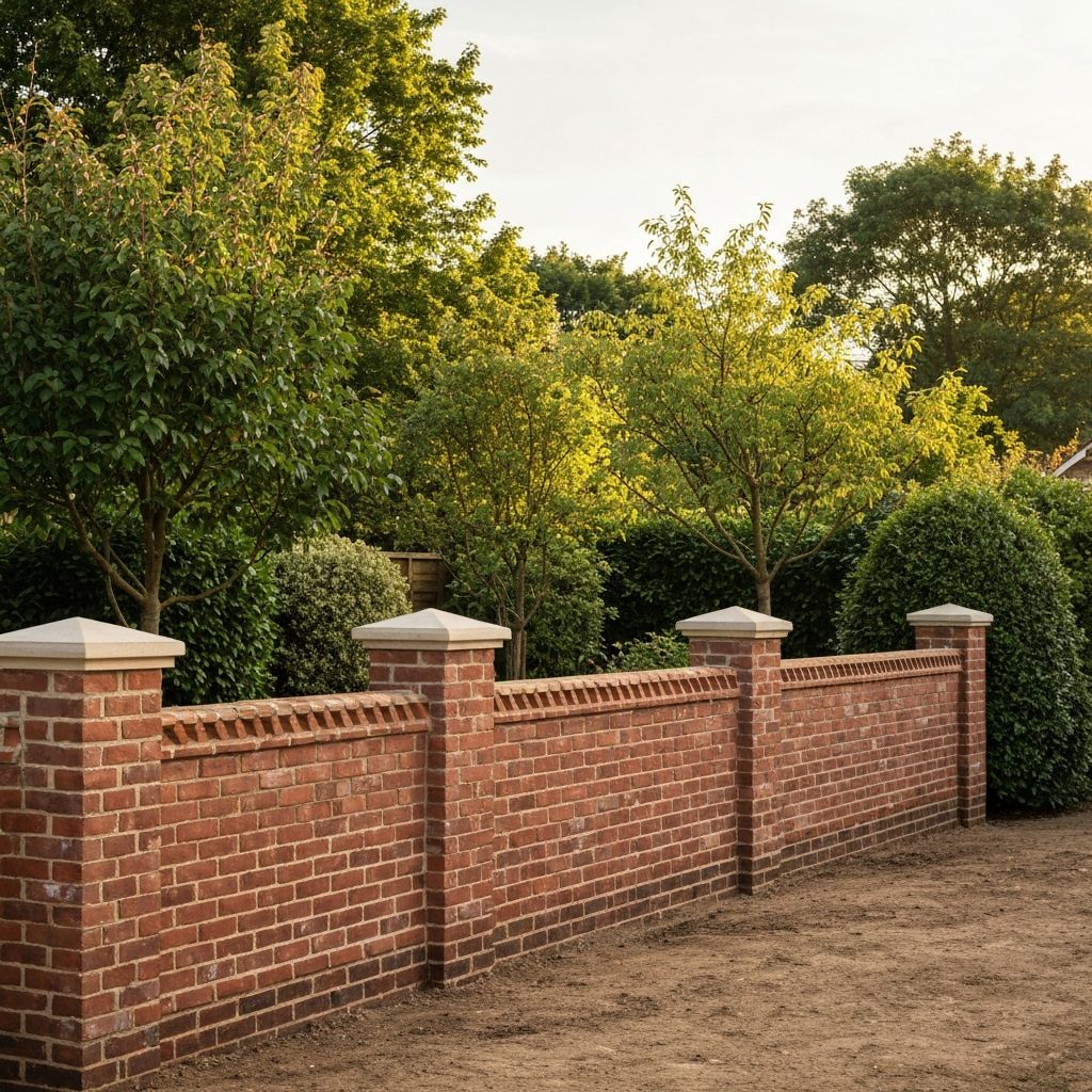 Brick garden boundary wall with decorative coping